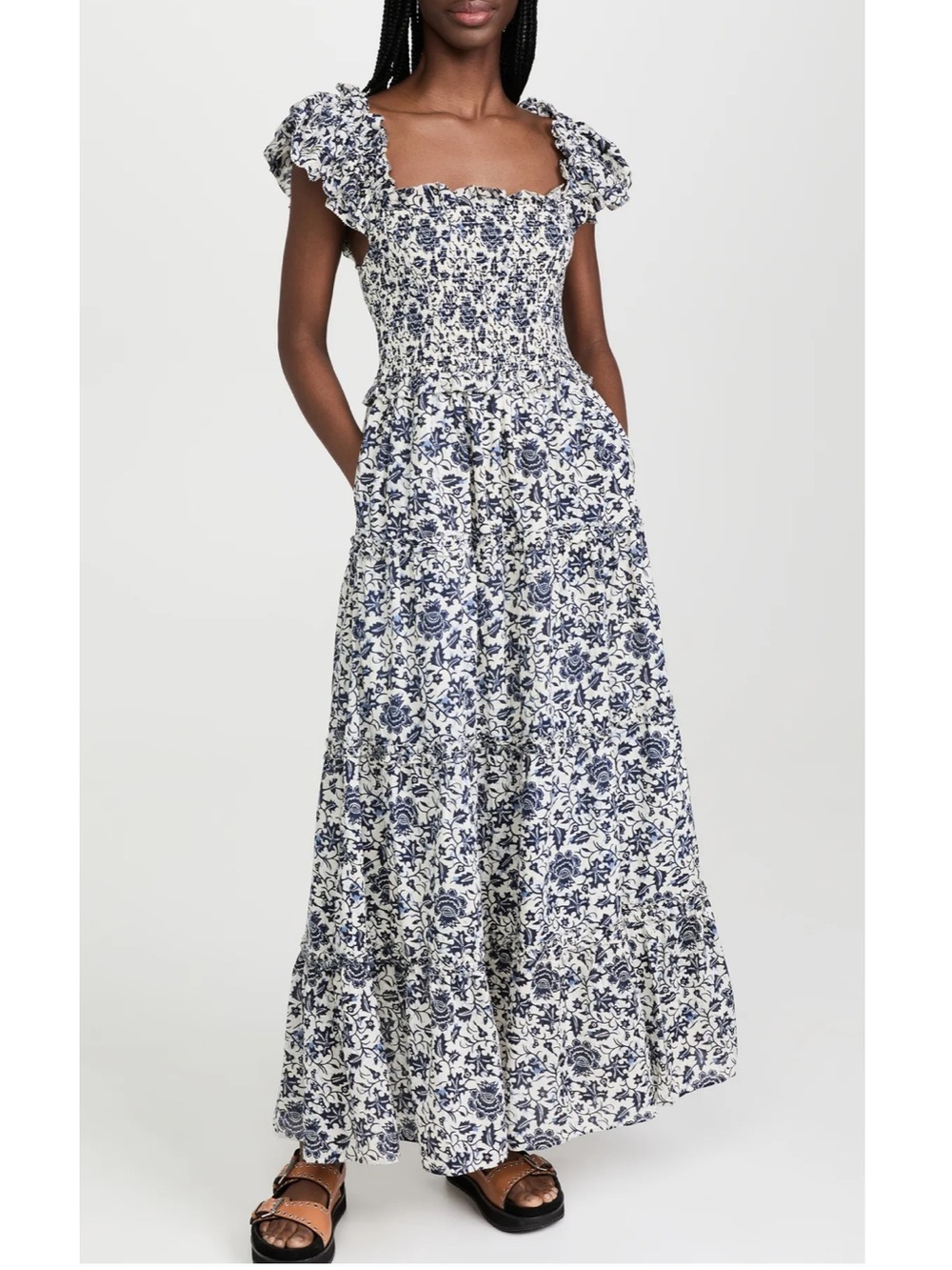 Love The Label Gaya Dress XS Blue White Floral Smocked Maxi Tiered Boho Romantic